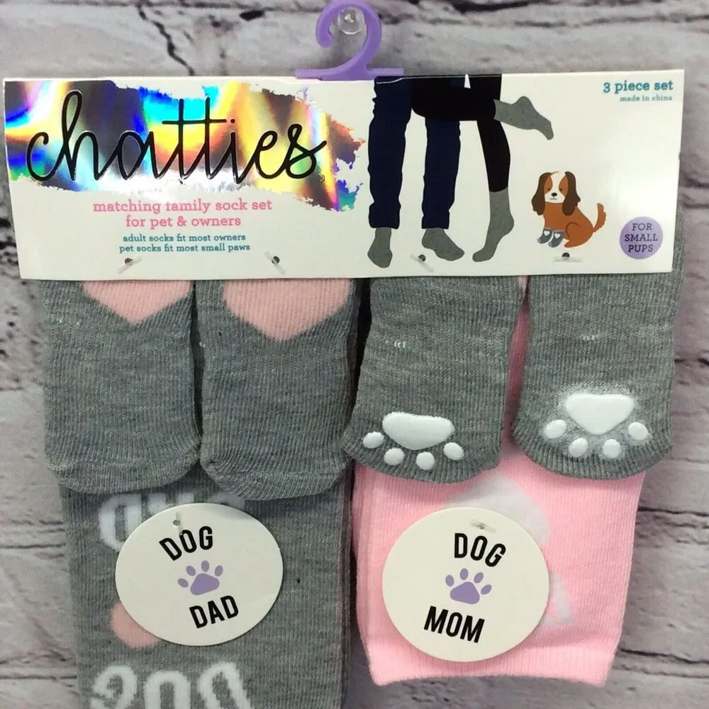 Chatties Matching Sock Set Family Pet & Owner Small Pups Dad Mom Cozy Pink/Gray
